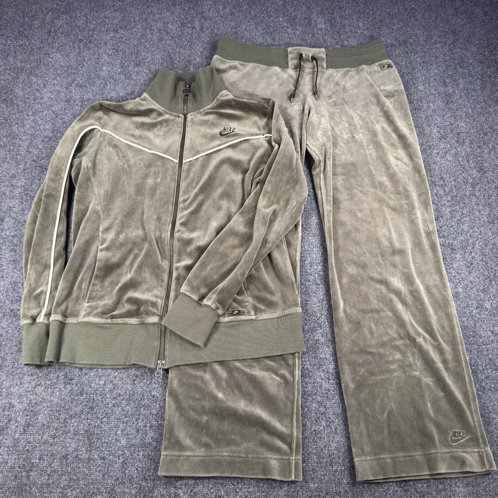 Nike Velour Y2K Tracksuit Set Womens Large Dark Green Zip Jacket Pants